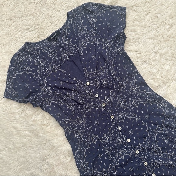Madewell Dress Shirred Button-Front Mini Bandana Print Nighttime Blue Sz 00 - Picture 3 of 12